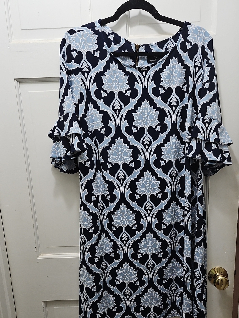 Ronni Nicole Navy and Light Blue Patterned Ruffle Sleeve Dress - Picture 1 of 6